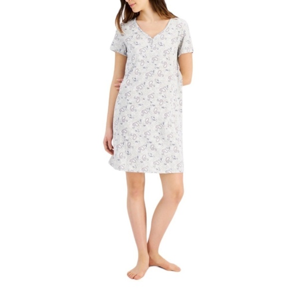 Charter Club Macy's Short Sleeve Cotton Essentials Chemise Grey Paisley XS New - Picture 2 of 7